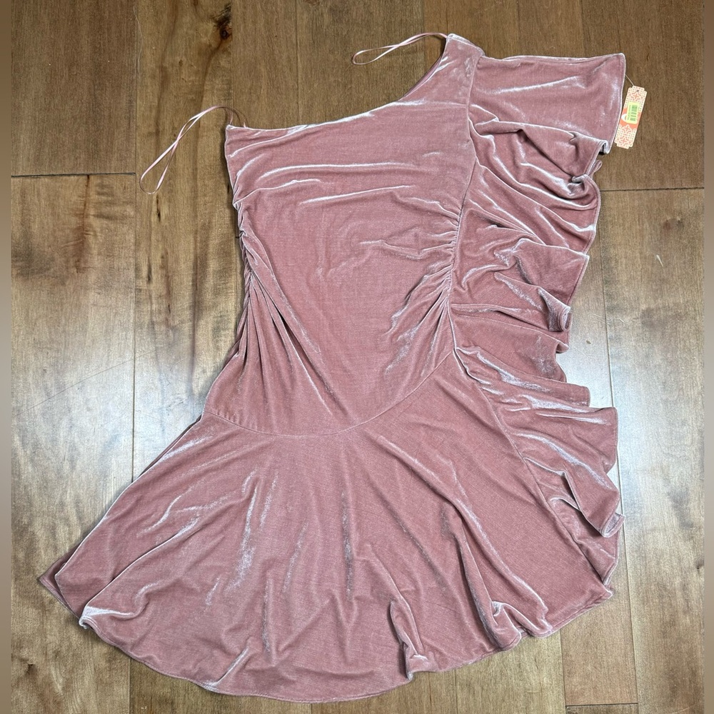 Gianni Bini Glitzy Daze One Shoulder Ruffle Pink Velveteen Dress Women’s L (NWT) - Picture 4 of 8